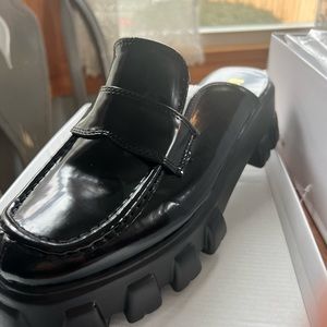 Black patent vegan leather chunky mules! Brand New!